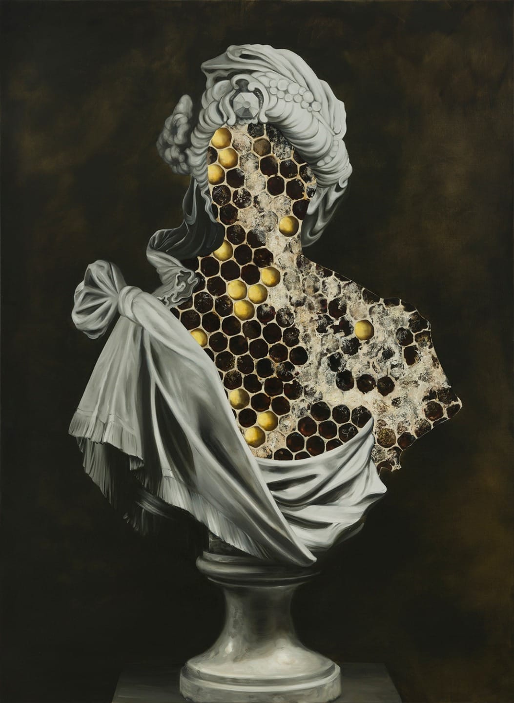 Classical marble bust intertwined with honeycomb structure, blending art and nature in a surrealistic style.