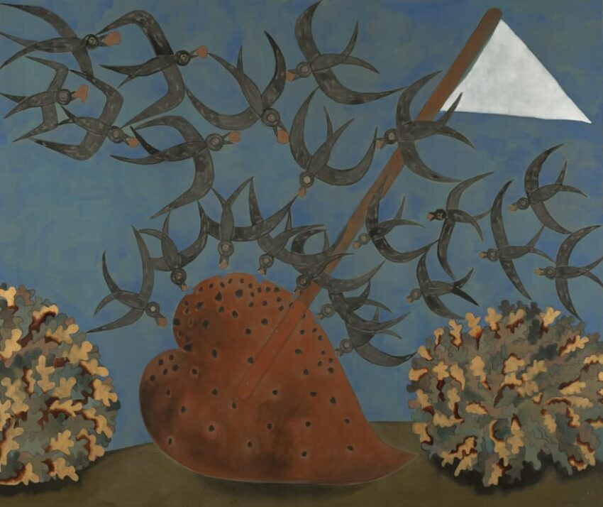 Heart-shaped rock with metallic tools against a blue background, surrounded by coral-like formations.