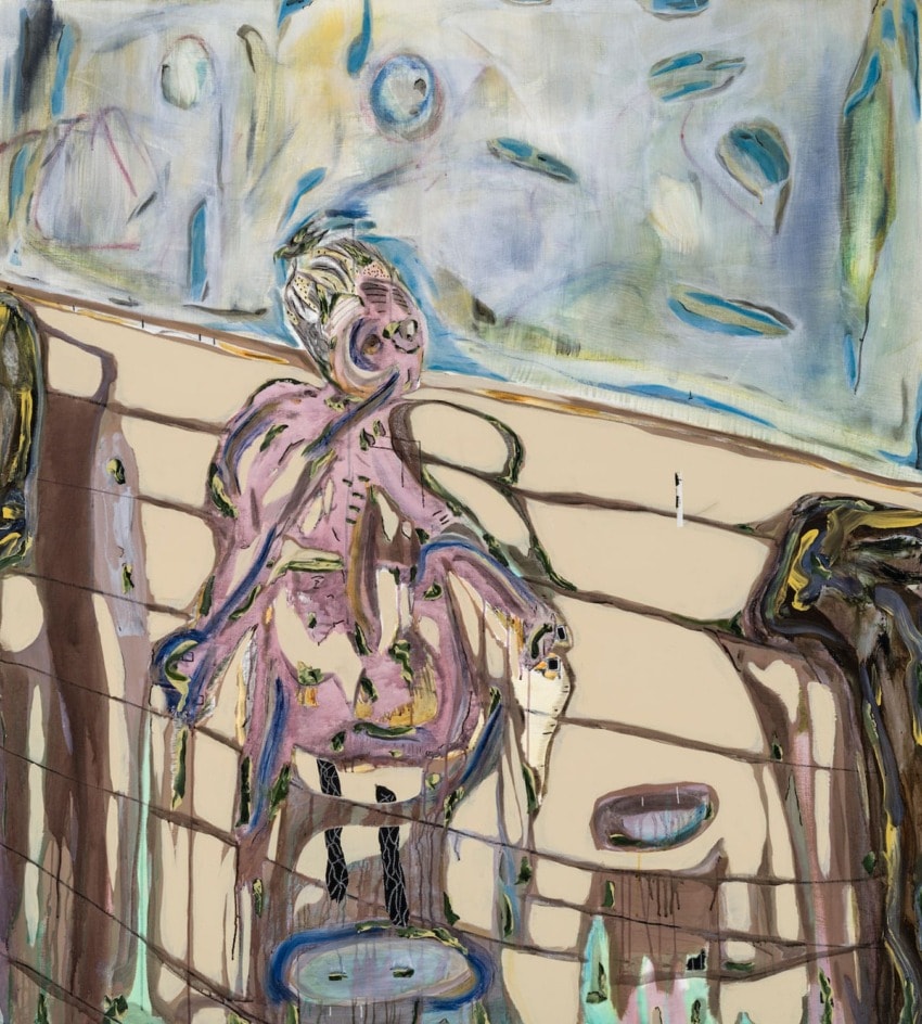 Abstract painting with distorted human figure and surreal background in pastel and earthy tones.