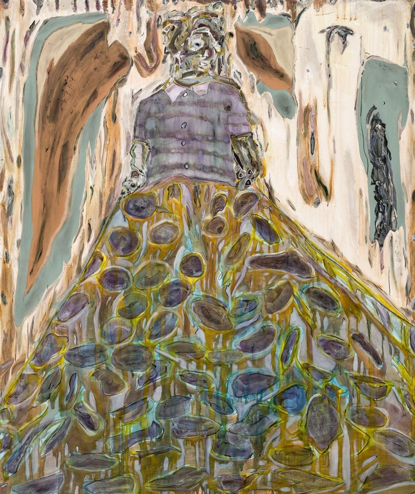 Abstract painting of a figure with a striped shirt and a colorful, flowing lower half, surrounded by dynamic brushstrokes.