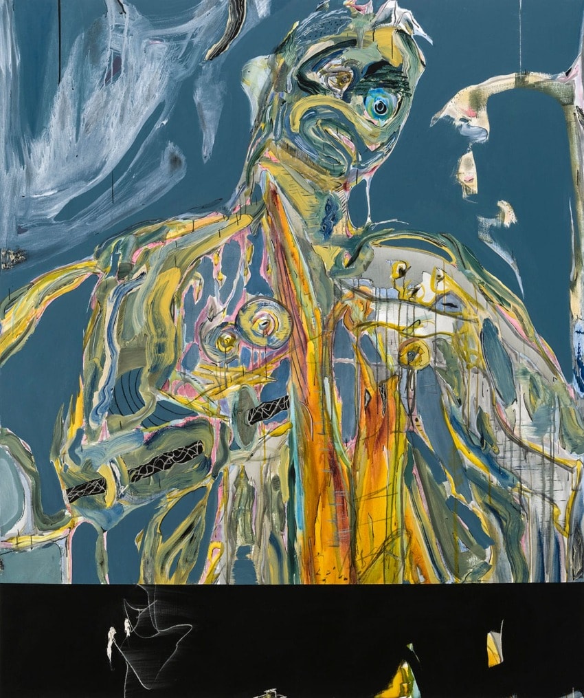 Abstract painting with expressive brushstrokes, featuring a distorted human-like figure with dynamic colors and textures.