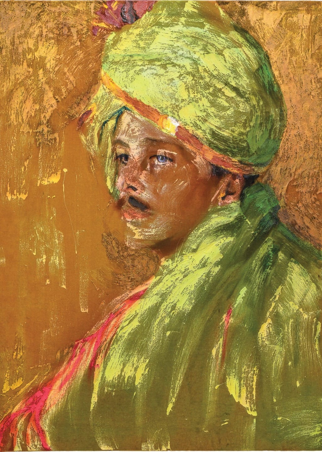 Portrait of an Indian man in a green turban with a prominent expression, painted on a warm, textured background.
