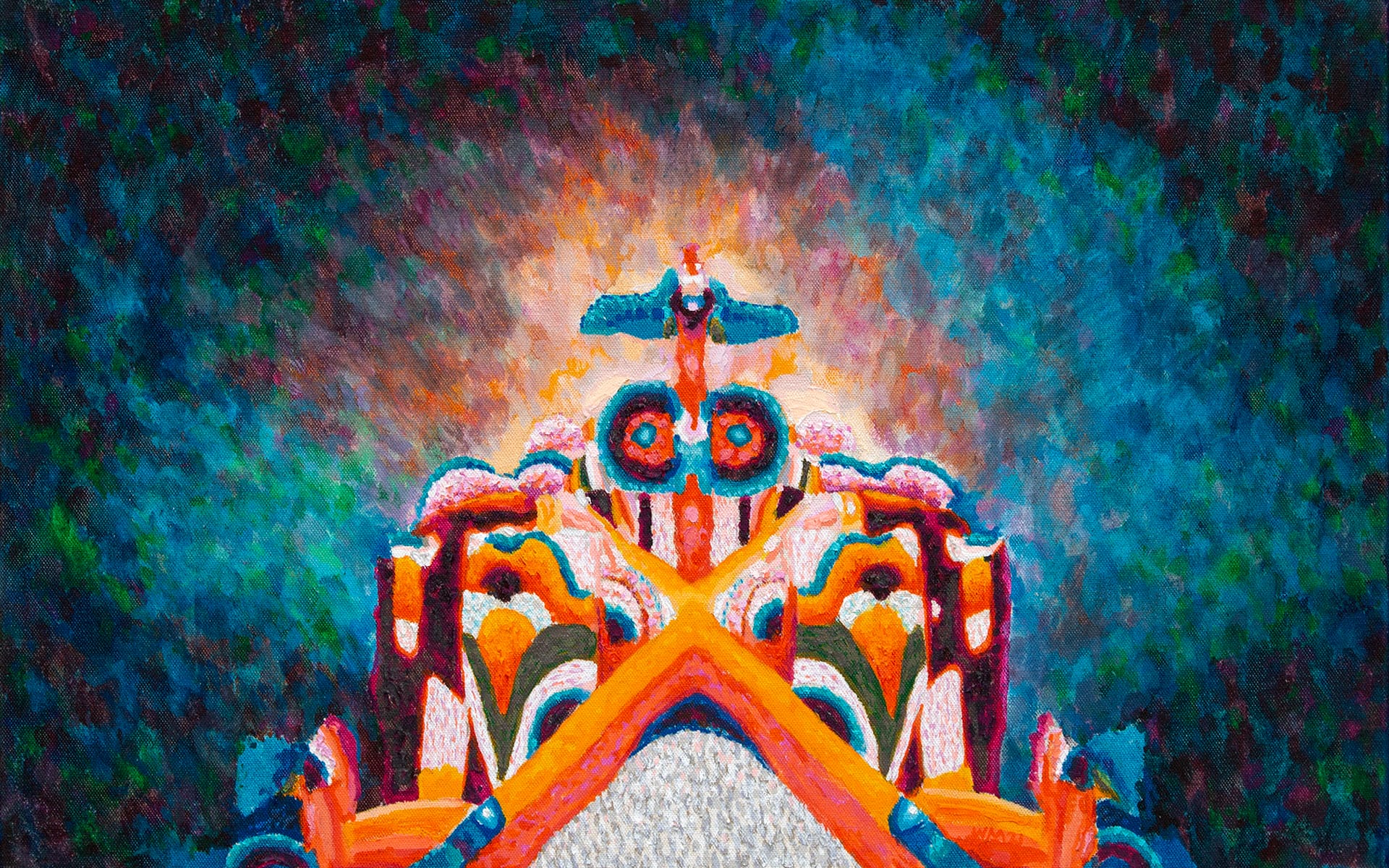 Colorful abstract painting with vivid swirls and shapes, featuring a bird-like figure at the top.