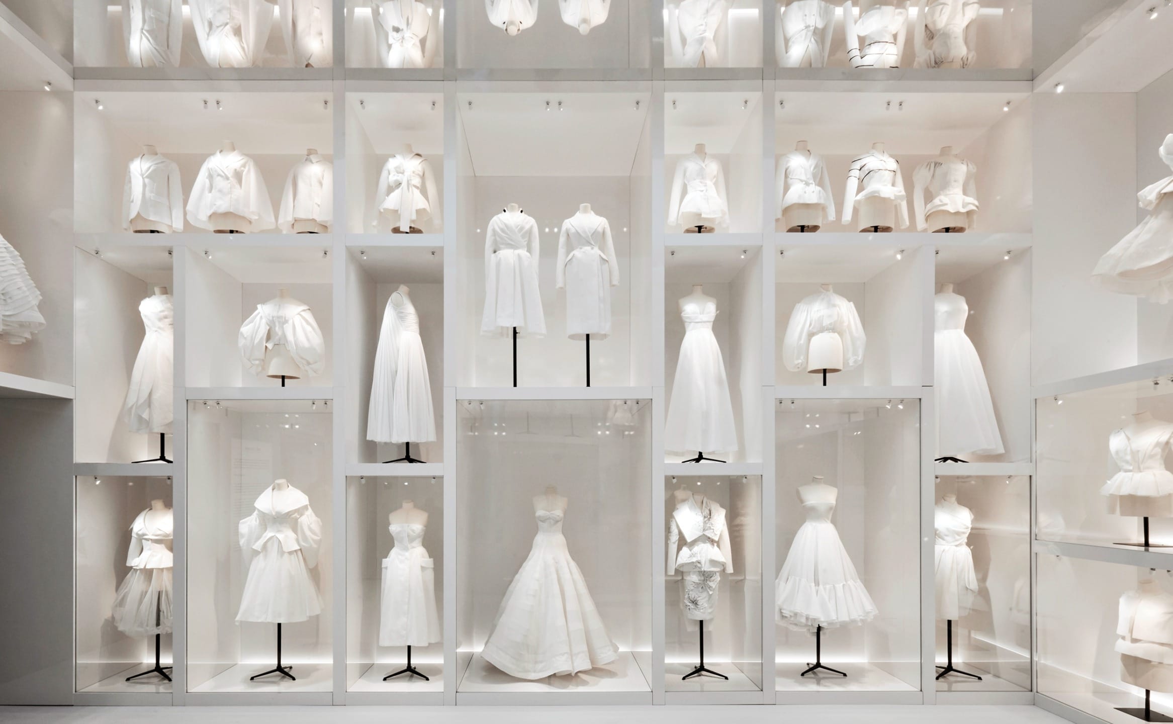 Collection of white wedding dresses displayed in a museum-like setting with bright lighting and an organized layout.