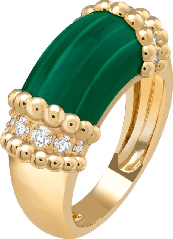 Gold ring with a large green stone and diamond accents featuring a decorative gold bead design.