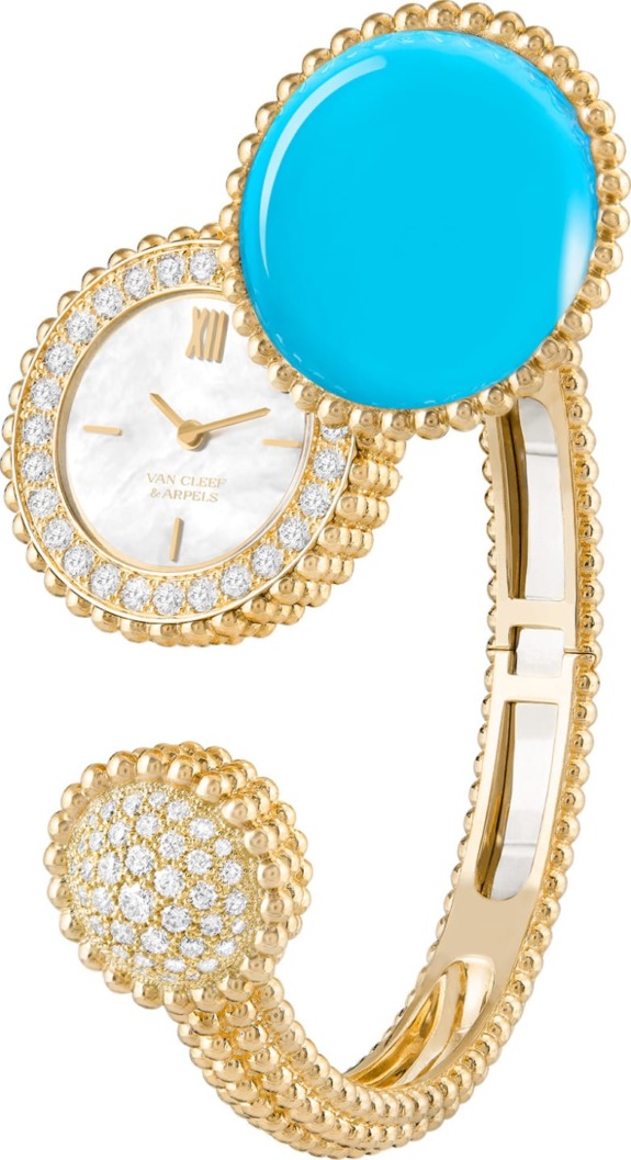 Gold bracelet with a watch, featuring a large turquoise gemstone and diamond accents, creating an elegant jewelry piece.