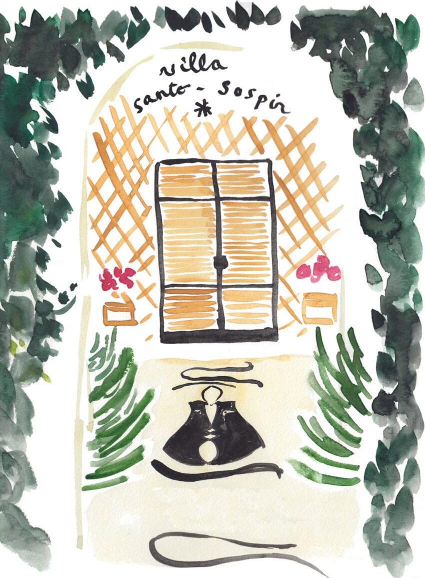 Illustration of a villa entrance with wooden door, surrounded by greenery and flowers, and a black bag on the path.