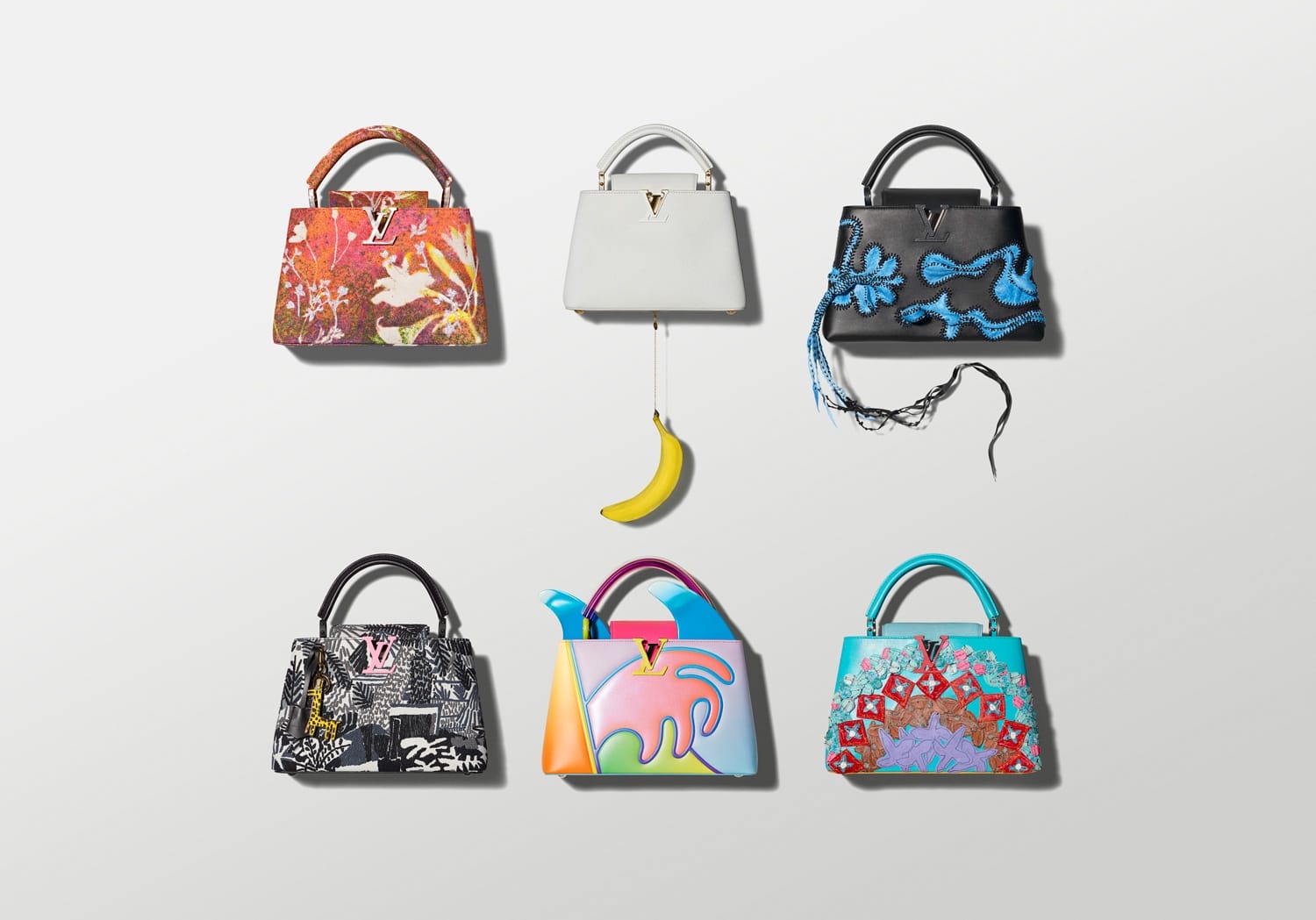 Six colorful designer handbags with various patterns and embellishments displayed against a light background.