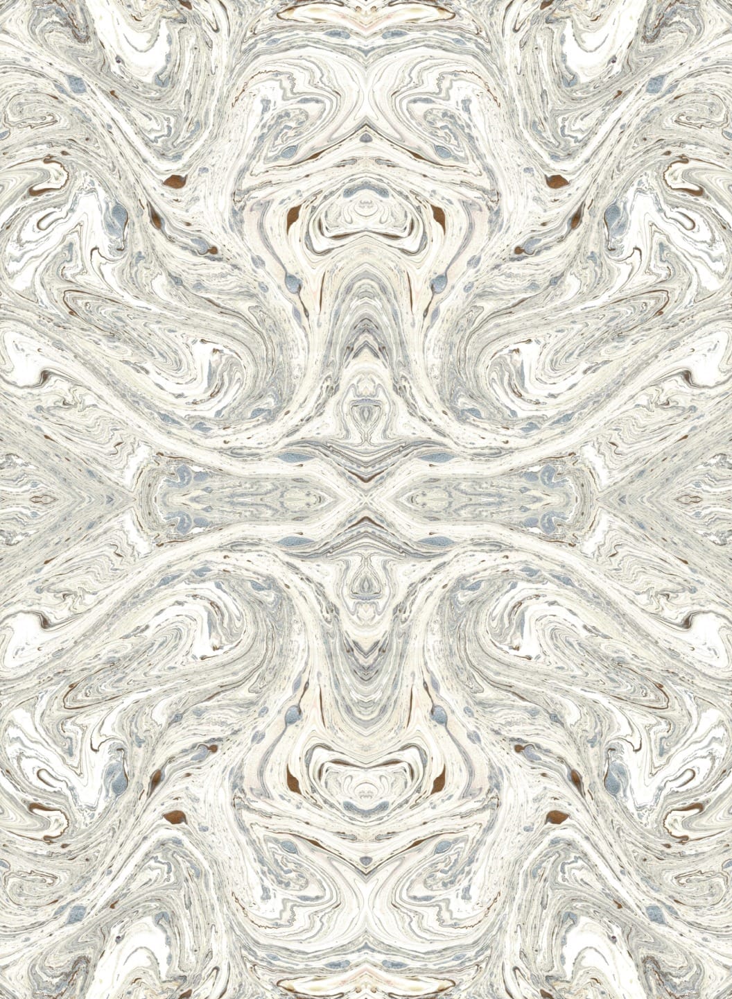 Abstract symmetrical marbled pattern with beige, gray, and brown swirls resembling natural stone texture.