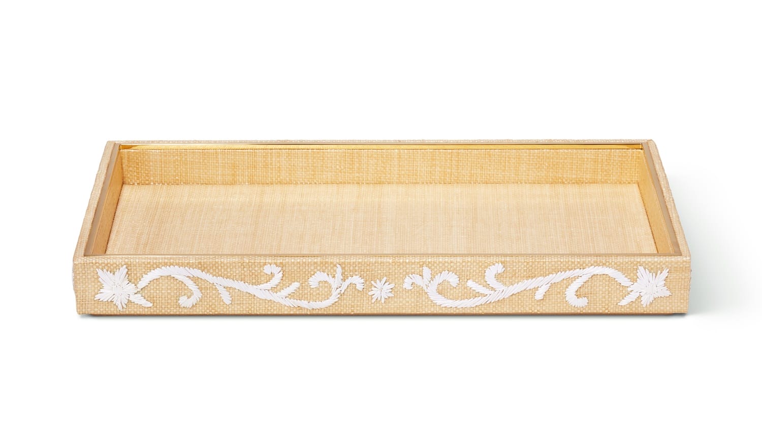Rectangular wicker tray with white floral embroidery on the sides.