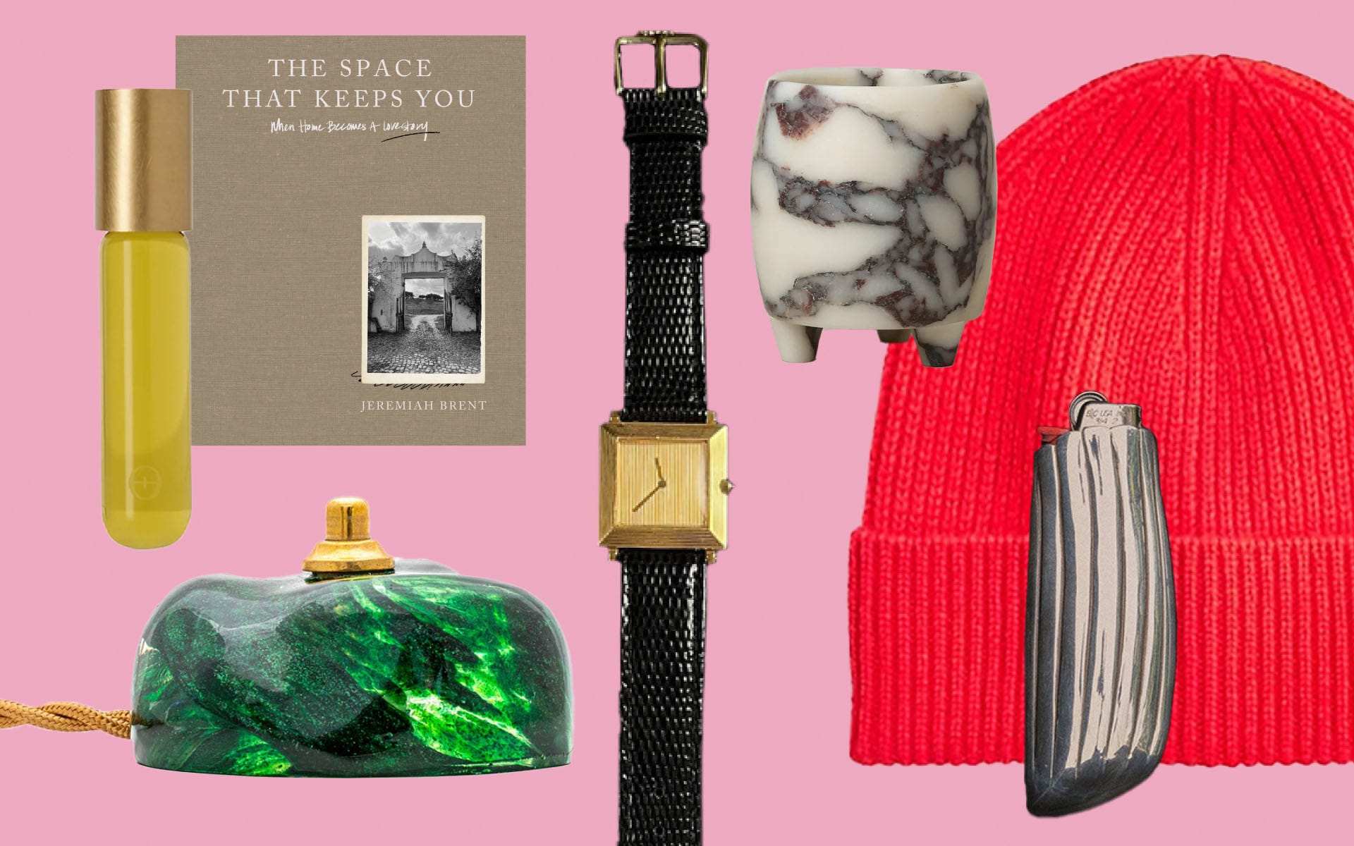 Collage of lifestyle items including a book, watch, red beanie, perfume bottle, marble cup, pendant, and green lamp.