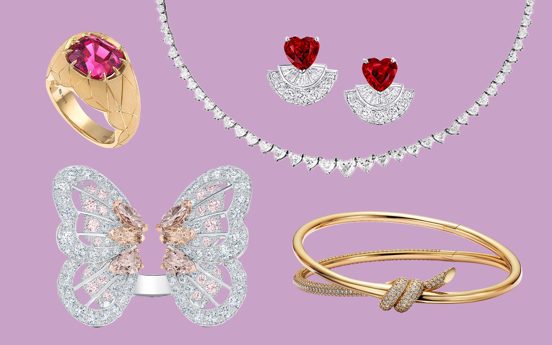 A collection of elegant jewelry including rings, earrings, a necklace, and bracelets displayed on a purple background.