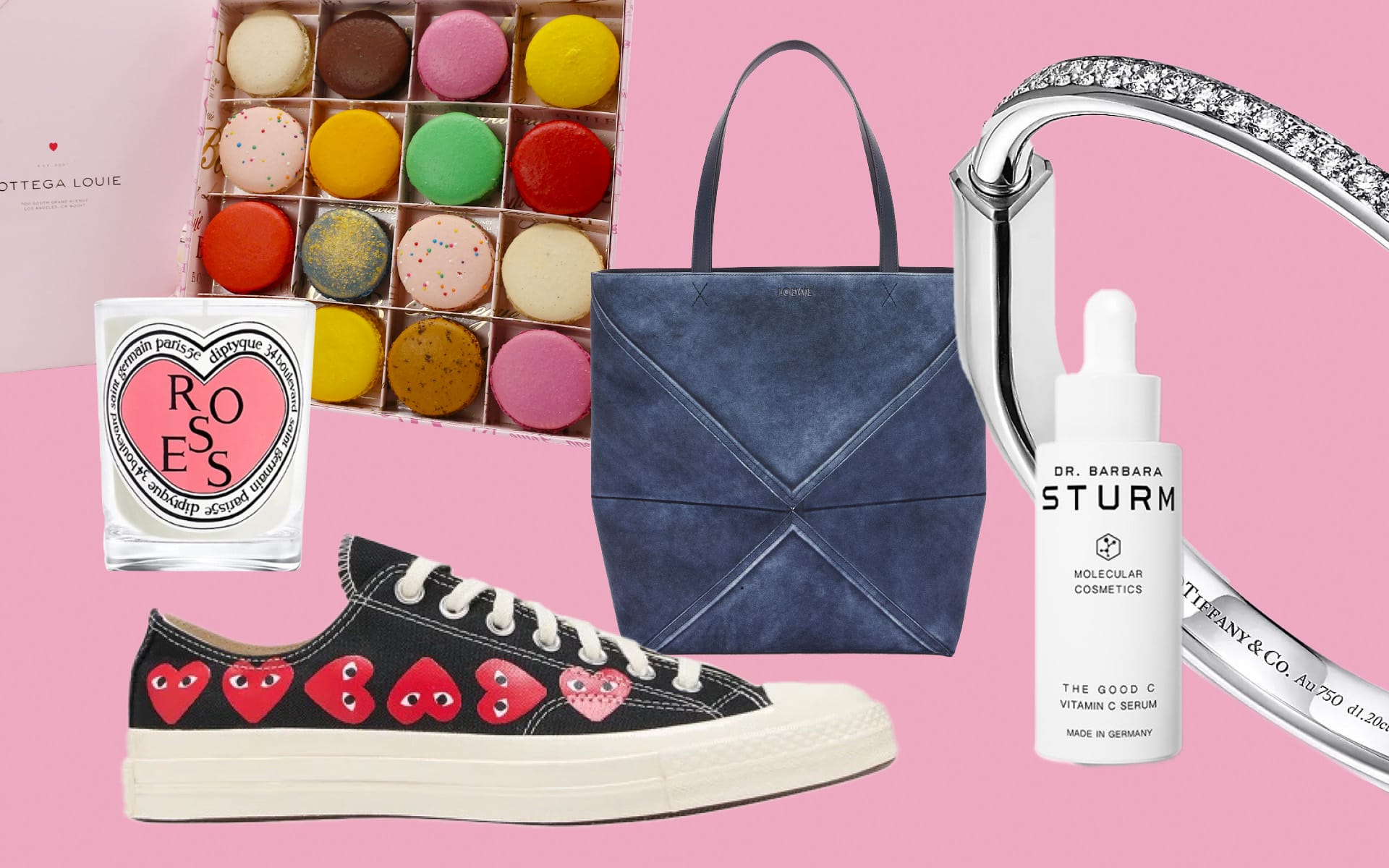 Collection of fashion and beauty items including sneakers, bag, macarons, candle, serum, and bracelet on pink background