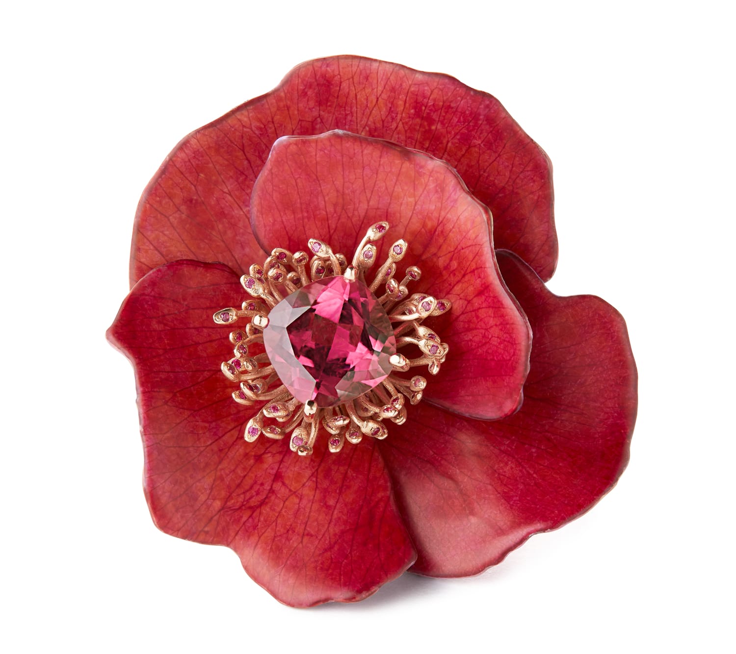 Red flower brooch with intricate petal design and central gemstone.