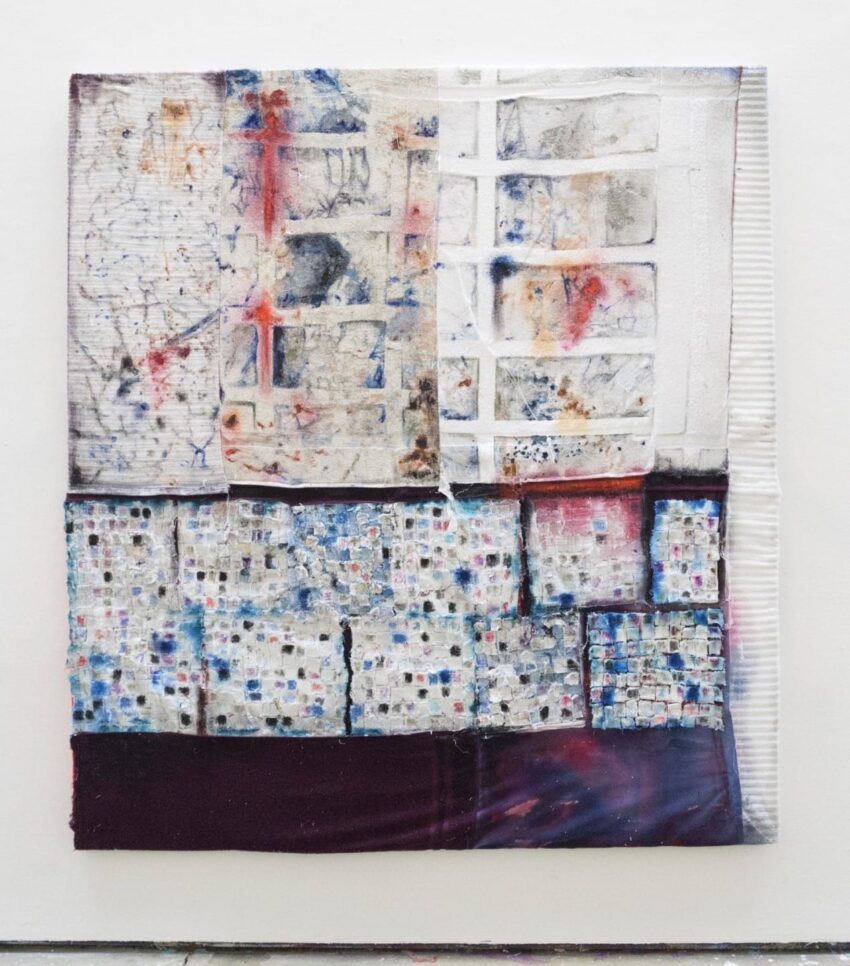 Abstract painting with textured blocks, featuring shades of blue, white, and red, divided into grids and overlapping patterns.