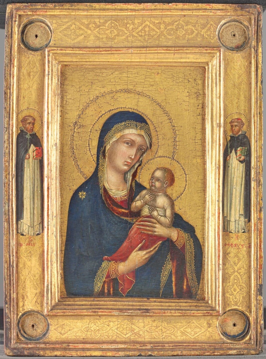 Medieval painting of the Madonna and Child with two saints on a golden background in an ornate frame.