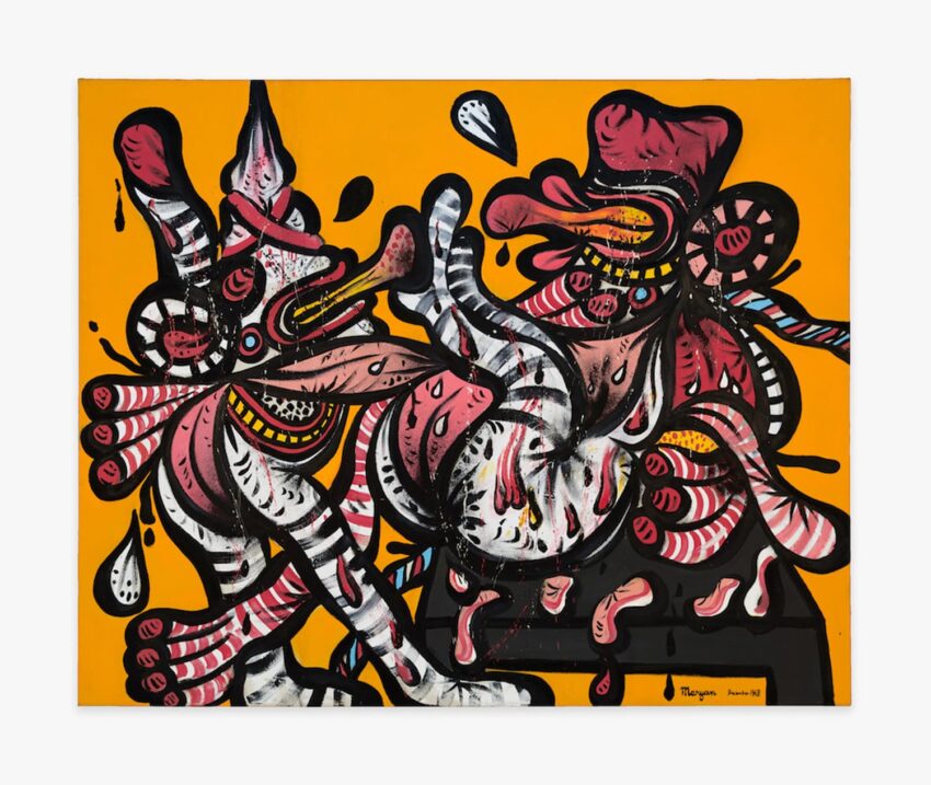 Colorful abstract painting with dynamic shapes and swirls on a vibrant orange background.