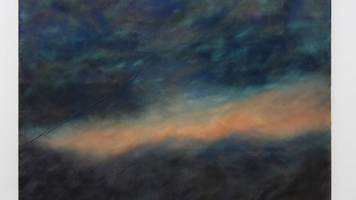 Abstract painting with dark blue and black hues, featuring a diagonal streak of light orange and grey blending seamlessly.