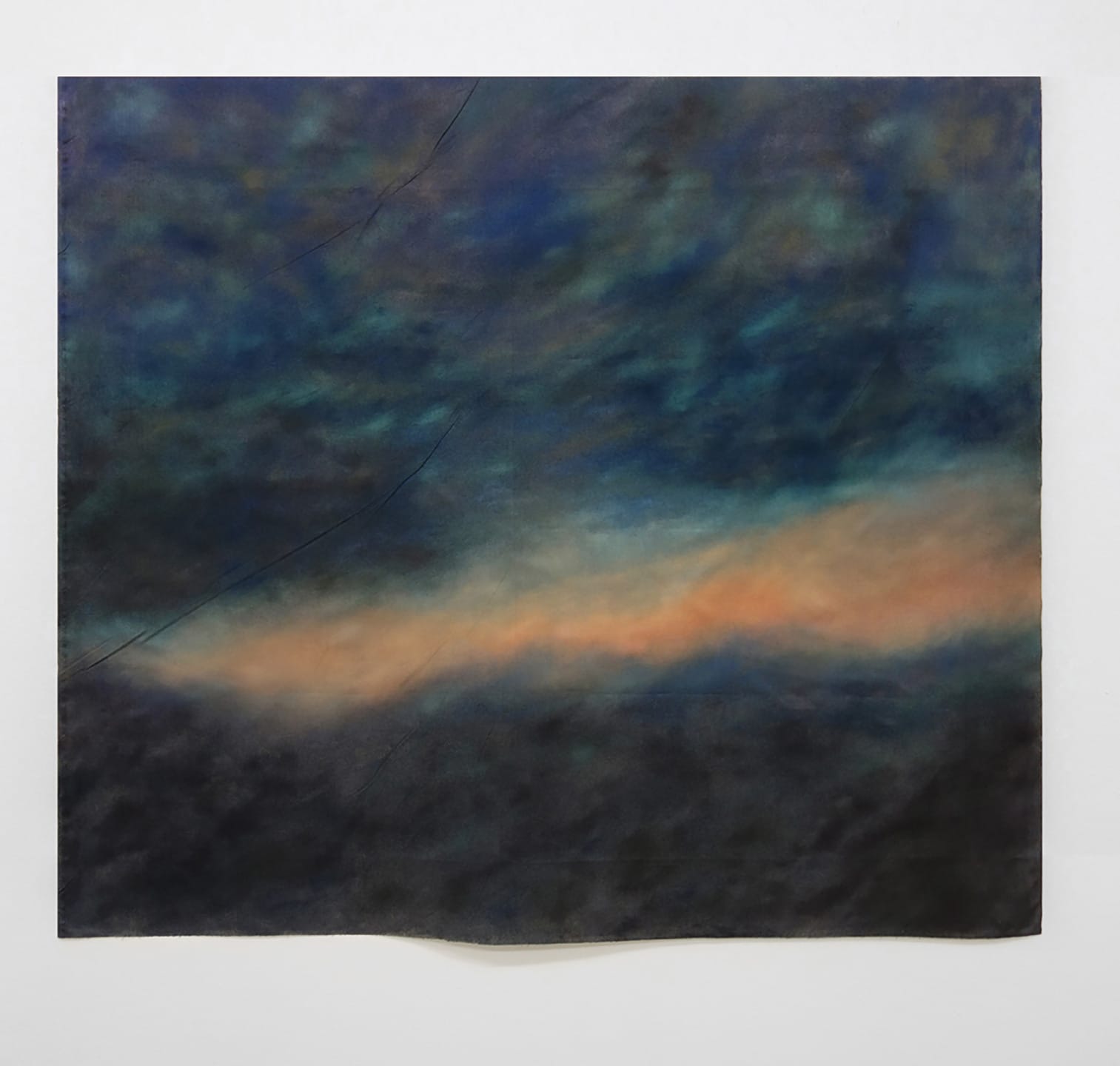 Abstract painting with dark blue and black hues, featuring a diagonal streak of light orange and grey blending seamlessly.