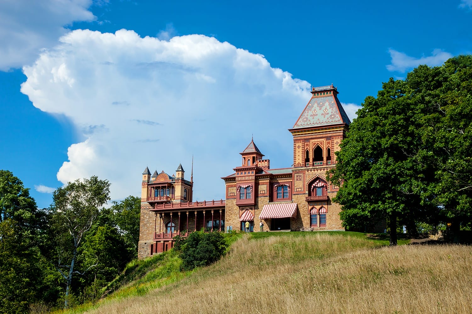 Historic mansion with ornate architecture on a grassy hill, surrounded by trees under a clear blue sky.