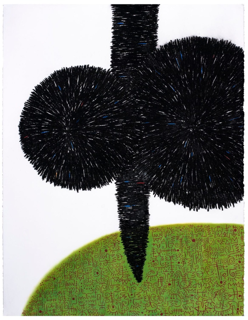 Abstract artwork featuring two black circular shapes above a textured green surface with red symbols and patterns.