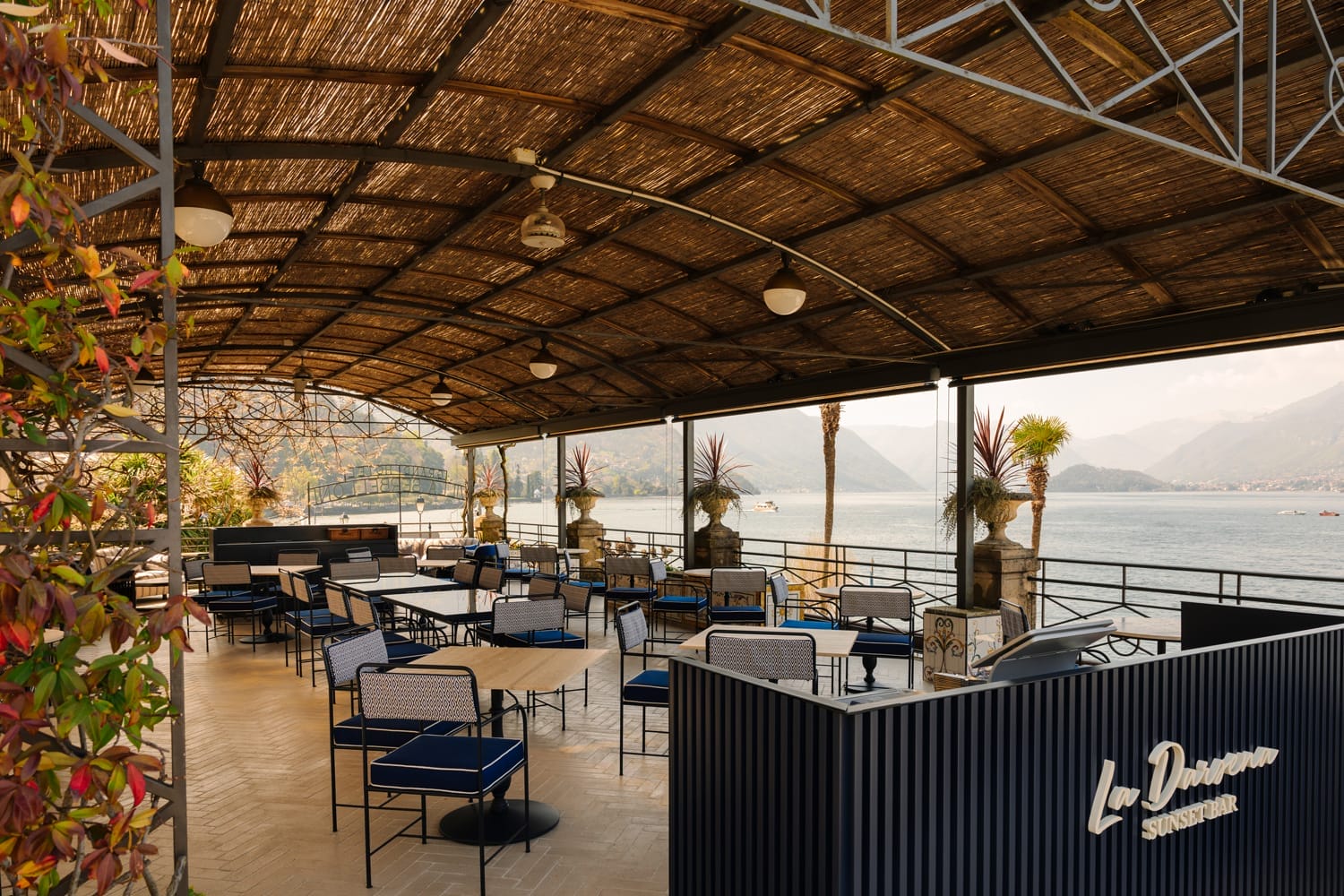 The Drasena Sunset Bar now features new furnishings and navy-blue accents.