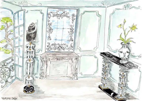 Illustration of an elegant room with ornate walls, a large window, and a table holding a vase with yellow flowers.