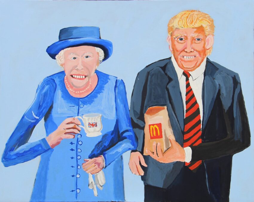 Cartoon painting of elderly woman in blue with a mug and a man in a suit holding a McDonald's bag, both smiling.