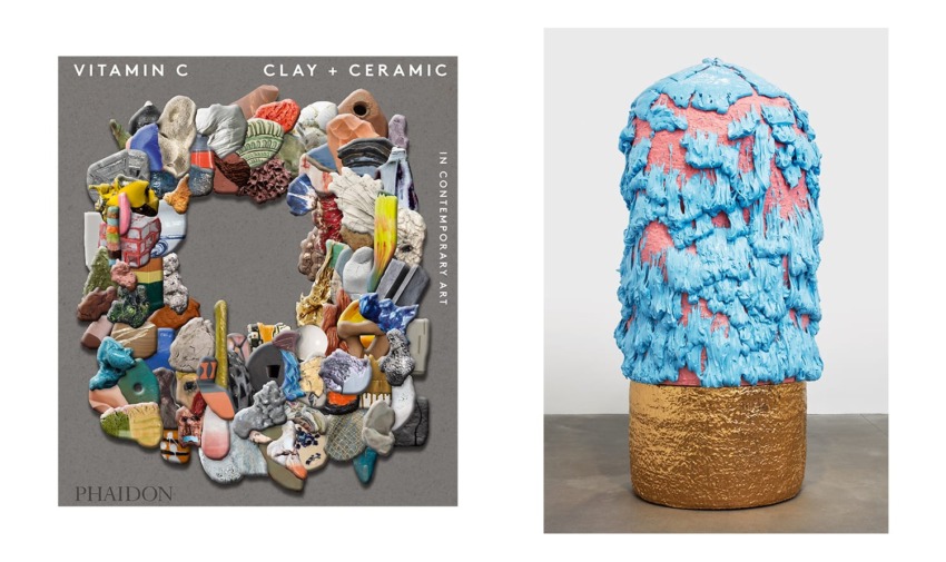 Cover of Vitamin C: Clay & Ceramic in Contemporary Art book with colorful clay mosaic and sculptural piece.