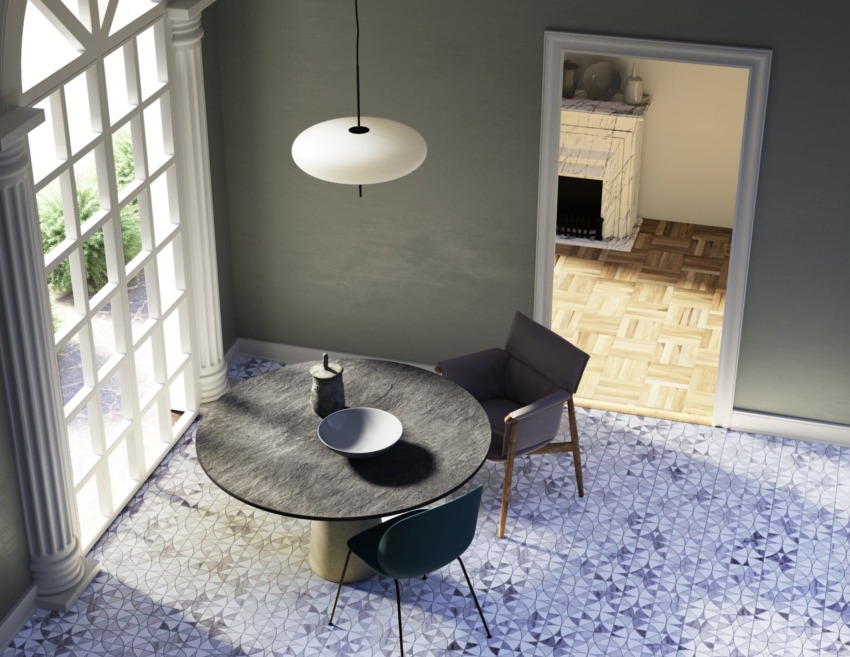 Modern dining room with round table, chairs, and pendant light near large windows and open doorway to another room.