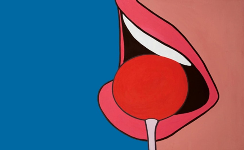Illustration of a mouth with red lips enjoying a red lollipop against a blue background.