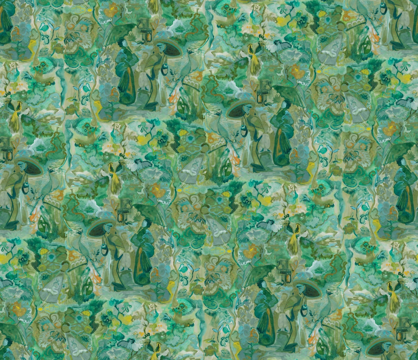 Pattern of figures and floral motifs in shades of green and blue with a watercolor style.