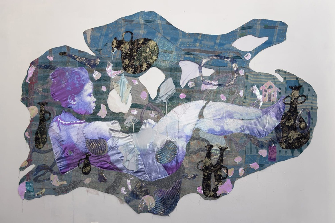 Colorful collage of a reclining figure surrounded by abstract patterns and objects on a white background.