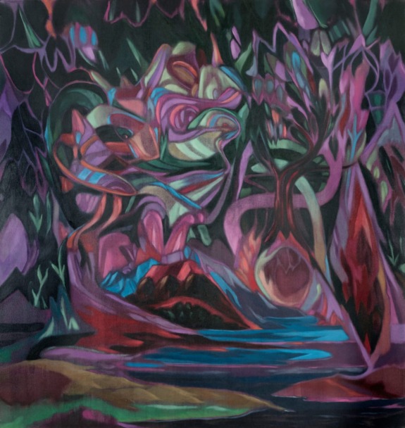 Abstract painting with vibrant swirls and shapes in purple, green, and red tones resembling a mystical forest scene.