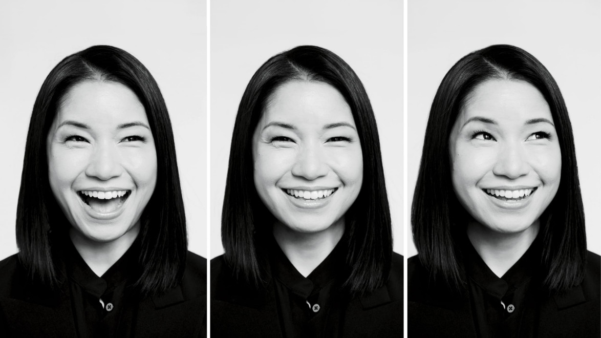 Woman with dark hair in three photos expressing joyful emotions, wearing a black top and looking in different directions.