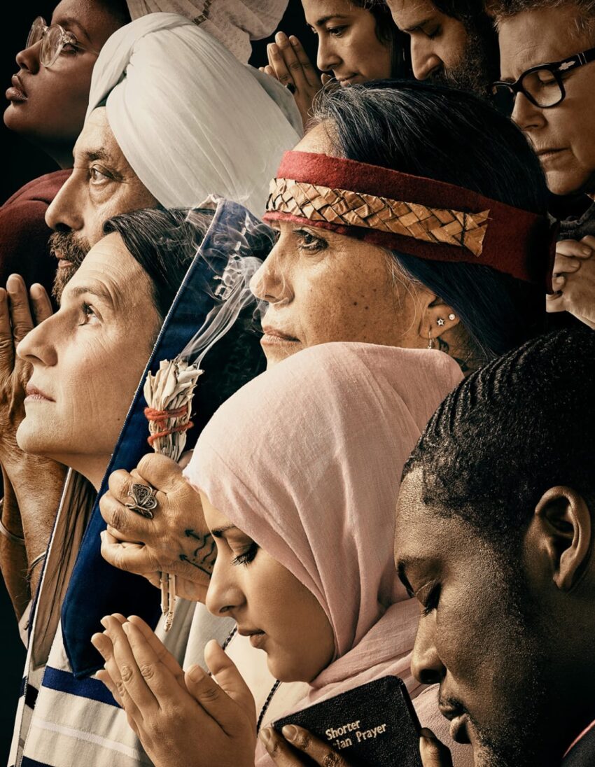 Diverse group of people praying, representing various cultures and religions, each in traditional attire and posture.