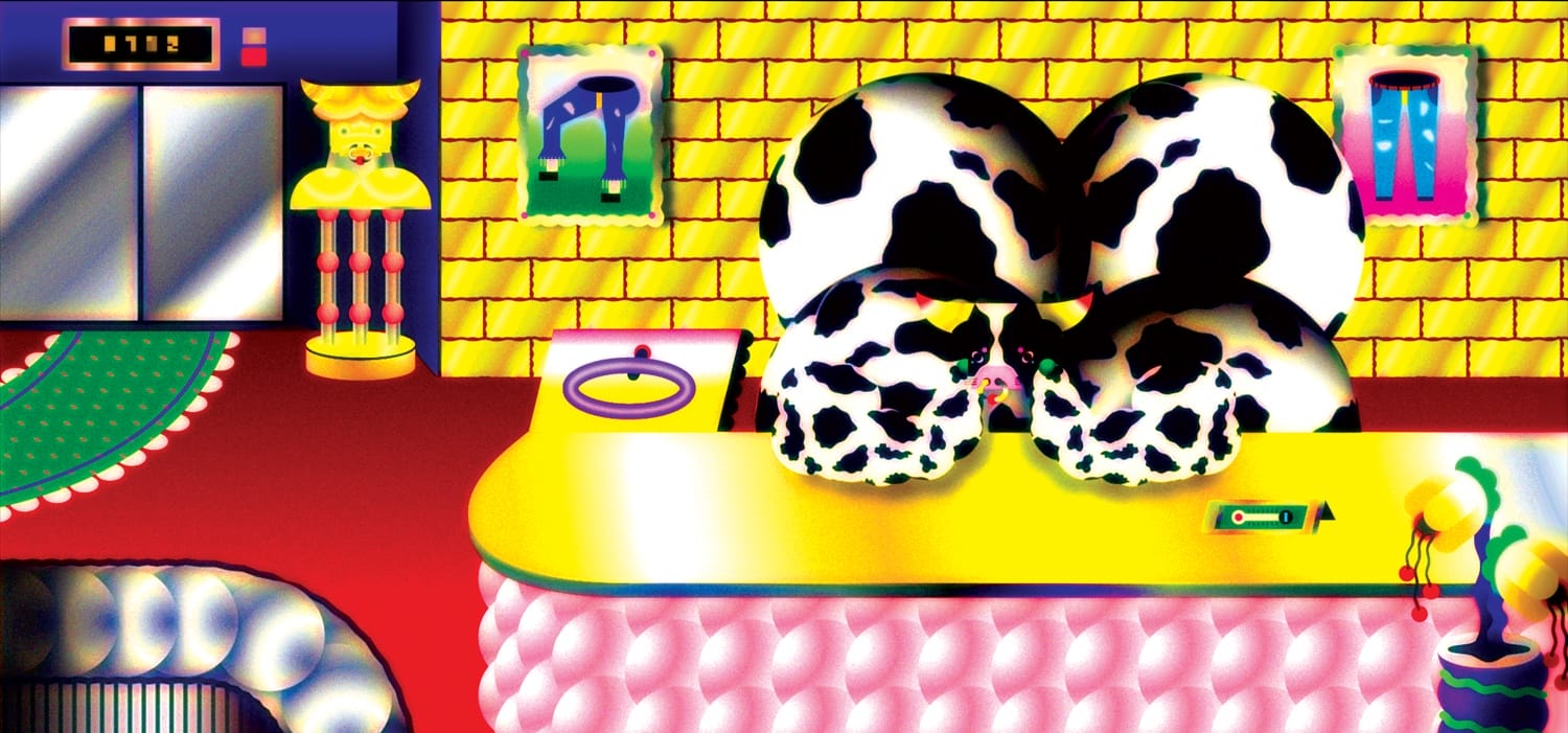 Bright, surreal interior with cow-patterned chairs, vibrant decor, abstract shapes, and playful colors in a whimsical setting.