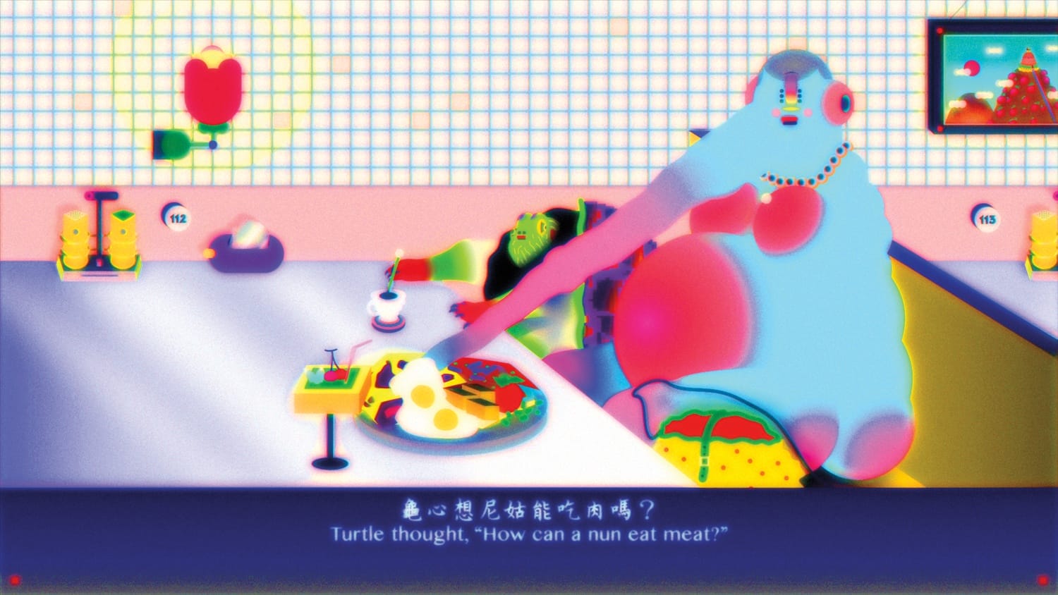 Futuristic diner scene with vibrant colors, featuring unique characters and text: "Turtle thought, How can a nun eat meat?"