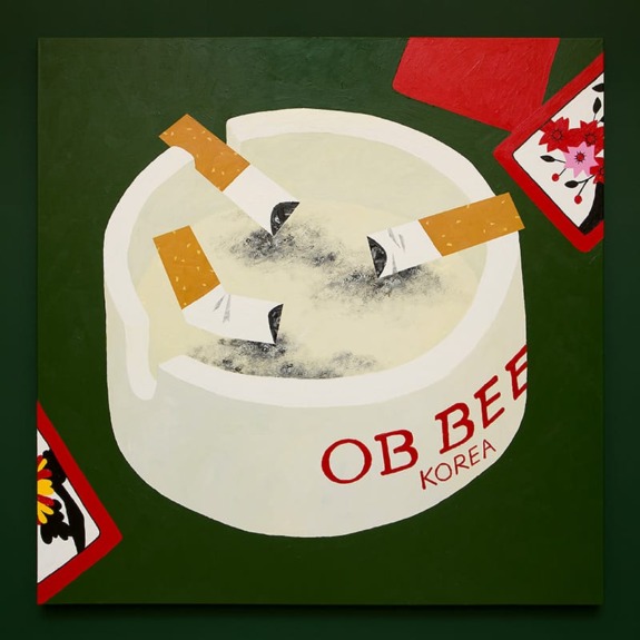 painting of a white ashtray with three cigarettes on a green table with red-bordered coasters and floral patterns