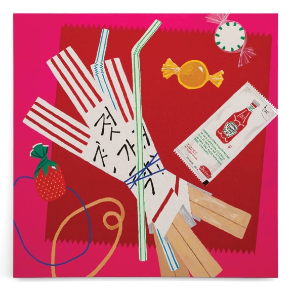 Collage of straws, candy, a ketchup packet, and a painted strawberry on a pink and red background.