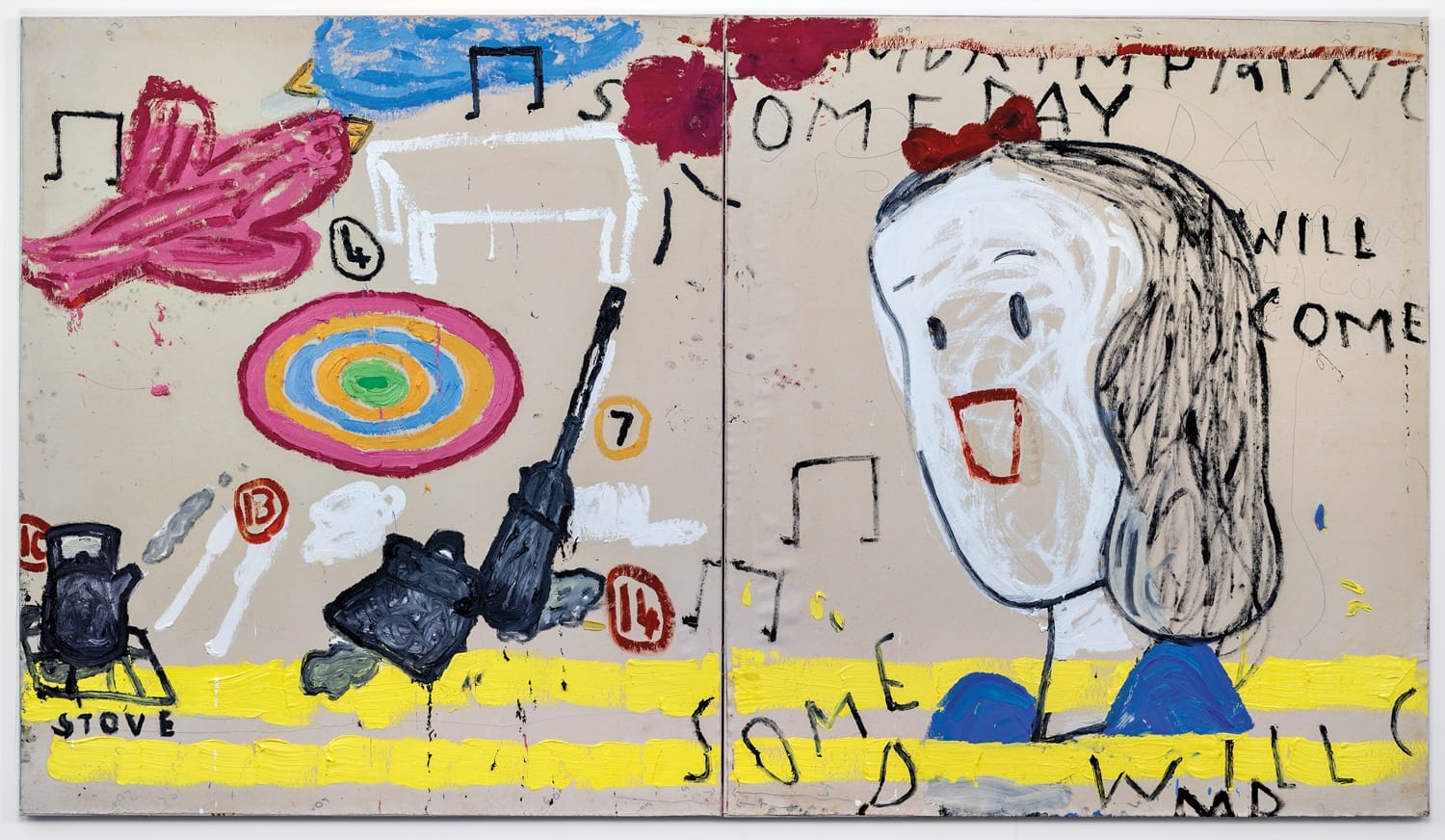 Colorful abstract painting with musical notes, a target, cartoon figure, and scattered objects on a beige background.