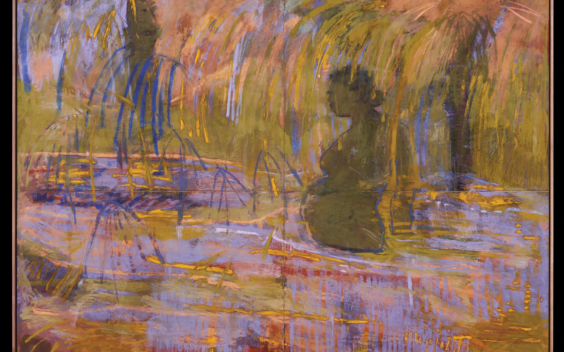Abstract painting with vibrant colors and indistinct shapes suggesting a figure surrounded by an ethereal, dreamlike atmosphere.