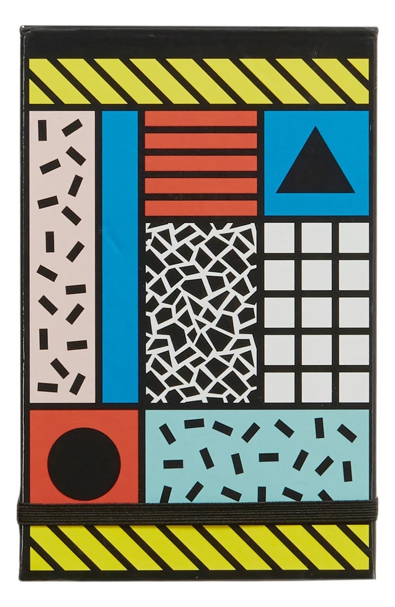 Colorful geometric pattern with various shapes, including triangles, squares, and lines, in a bold, vibrant design.