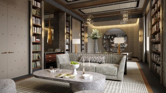 Luxurious modern living room with a marble coffee table, plush sofa, large mirror, wall art, and bookshelves.