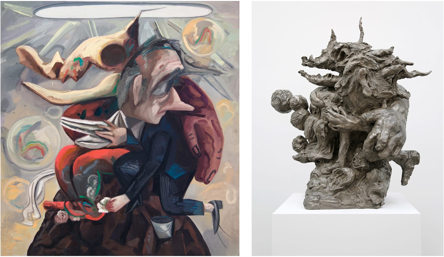 Abstract painting and clay sculpture displayed side by side in an art gallery setting.