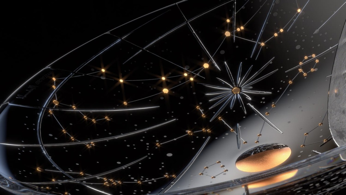 Abstract design with glowing lines and dots resembling a star map on a dark background.