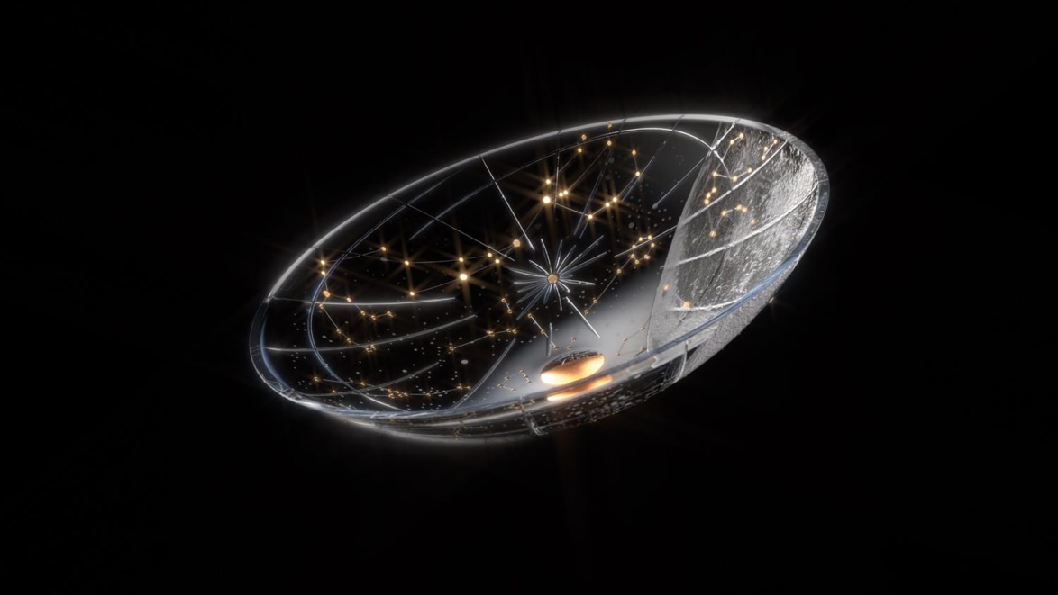 Futuristic megastructure in space with glowing star-like nodes and a transparent curved surface.