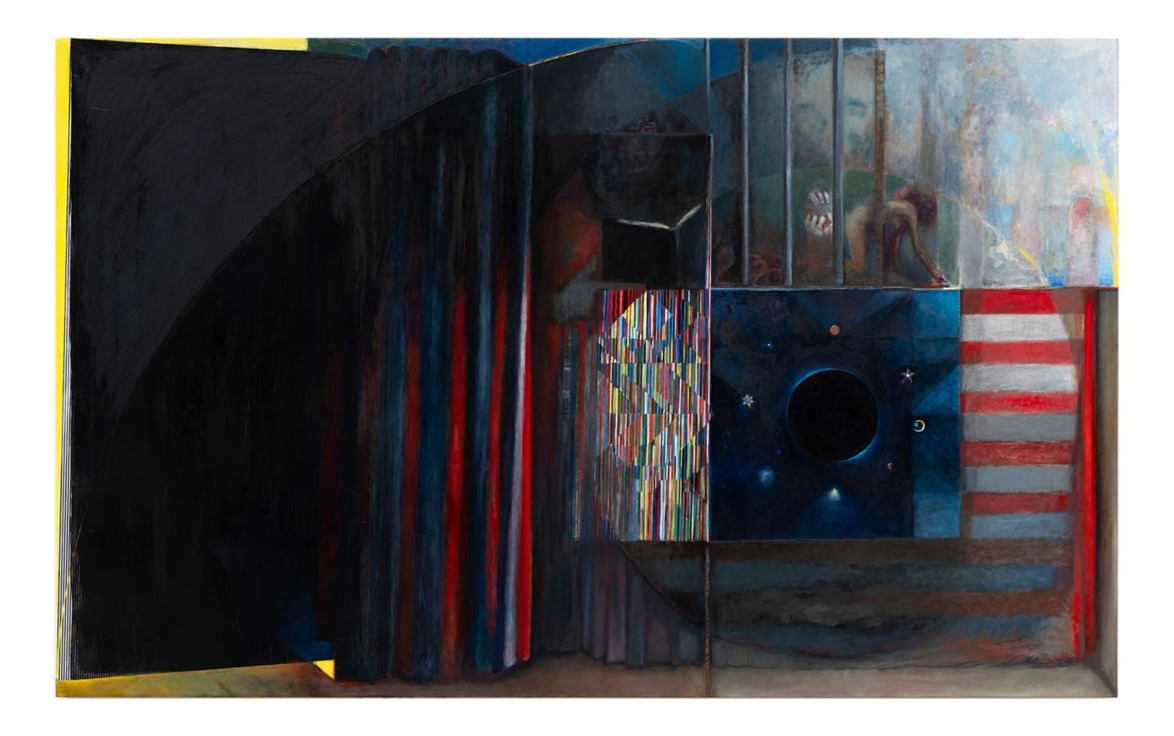 Abstract painting with dark colors, geometric shapes, starry sky, and curtain-like patterns creating a mysterious atmosphere.