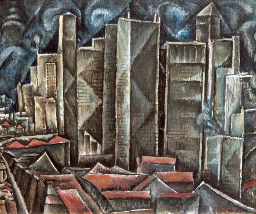 Cubist painting of a city skyline with towering abstract buildings and a dark, swirling sky in the background.