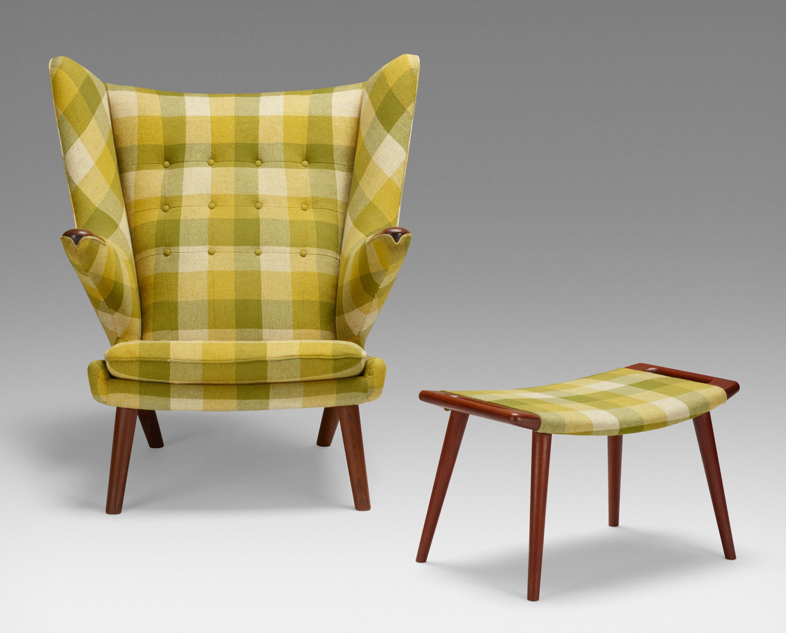 Mid-century modern chair and ottoman with yellow plaid upholstery and wooden legs.